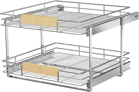 LOVMOR 2 Tier Pull Out Cabinet Organizer 22½" W x 21½" D, Slide Out Drawers with Wooden Handle, Sliding Shelves Organization and Storage for Kitchen, Pantry