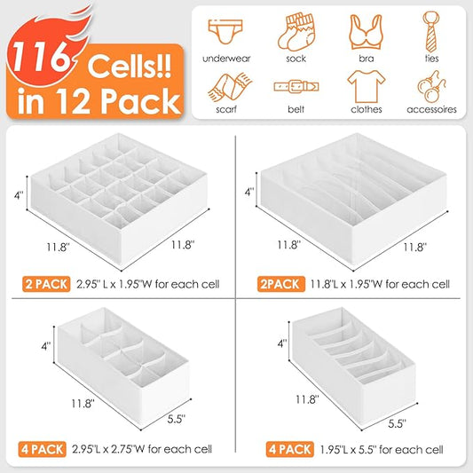 12 Pack Drawer Organizers for Clothing, 116 Large Compartments Fabric Dresser Closet Organizers and Storage Bins for Baby Clothing, Women Men Underwear Socks, Bra, Ties, College Dorm Room Essentials