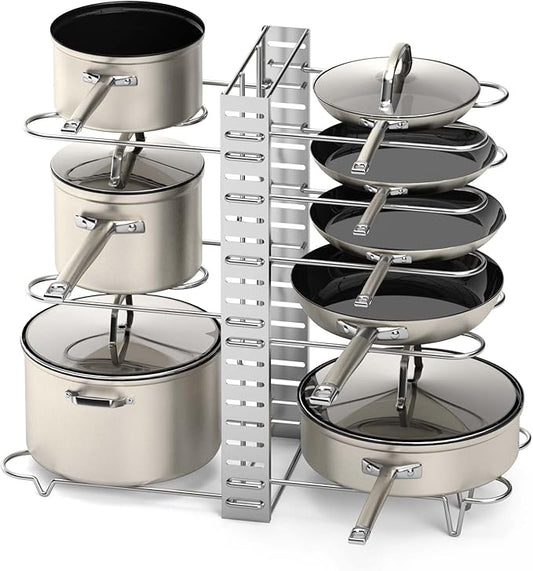 Vdomus Pot Rack Organizer - 3 DIY Methods, Pan and Lid Storage for Cabinet Organizing, 8+ Pot and Pan Holder, Adjustable Pot Rack Lid Holder (Silver)