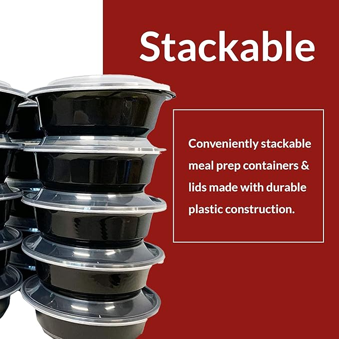 Reli. Meal Prep Container Bowls, 24 oz. | 50 Pack | Round Meal Prep Containers with Lids | Reusable 24 oz Bowls with Lids | Microwavable, Black Food Storage Boxes | Black