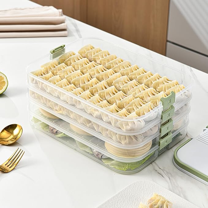 Dumplings Storage with 4 Layers, Stackable with Buckle, Lid & Handle for Cookies Wonton Donuts Box Organizer For Fridge, Milk-Brown