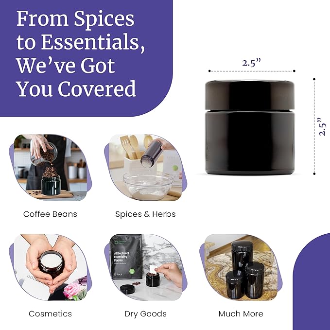 Infinity Jars Classic Black Glass Jar 50 ml (1.7 fl oz) Ultraviolet Airtight Smell Proof, Refillable Container, Screw top Jar for Long term storage Coffee, Spices, Tea, Dried Goods for Kitchen