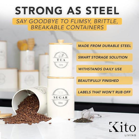 Canisters Sets for Kitchen Counter Storage and Organization with Wooden Bamboo Lids, Food Pantry Containers, Stackable Steel Storage Bins, Airtight Sugar Tea Coffee Canisters - Cream