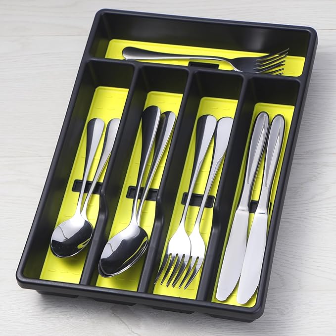 Silverware Organizer with Cutlery Icons，Silverware Tray for Kitchen Drawer，Plastic Flatware Tableware Cultery Drawer Organizer Utensil Organizer with Non-slip TPR Linings，5-Compartment，Yellow