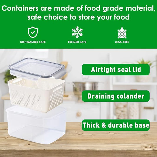 Pack of 4 Fruit Fresh Produce Protector, Grape Container for Fridge, Fruit Saver Lettuce Container with Drain Colanders, Partitioned Salad Container, Refrigerator Organizer for Lettuce Berry Food (4)