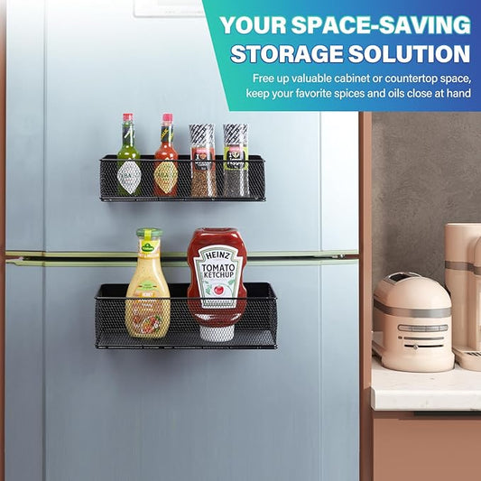 Magnetic Spice Rack for Refrigerator,2 Pack Magnetic Spice Rack for Kitchen Organization，Magnetic Spice Shelf Rack Organizer for Side of Refrigerator Fridge，Kitchen Storage Organizer,Black
