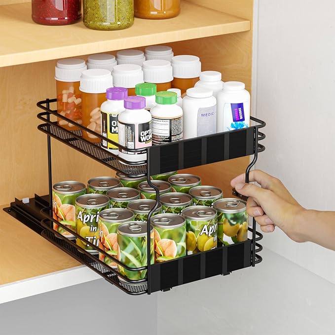 SpaceAid Pull Out Spice Rack Organizer for Cabinet, Heavy Duty Slide Out Seasoning Kitchen Organizer, Cabinet Organizer, with Labels, 8.5" W x10.75 D x8.5 H, 1 Drawer 2-Tier