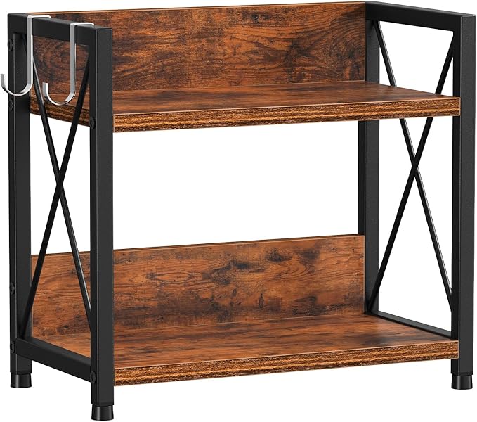 Snughome Kitchen Countertop Organizer,2 Tier Spice Rack Organizer for Countertop,Wood Kitchen Counter Shelf Organizer with Hooks (Rustic Brown,Small)