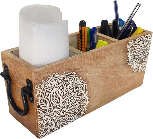 VANIYA CRAFTSR® Handmade Wooden Carved Design Compartments Cutlery Utensil Holder For Napkins, Spoons, Forks, Tissues, Knife Natural finish (Natural White Finish)