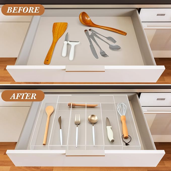 Expandable Kitchen Drawer Organizer Clear Acrylic Utensil Organizer Adjustable Acrylic Silverware Storage for Kitchen Drawers Silverware Flatware Knives (5-7 Compartments)