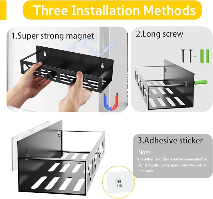 Magnetic Spice Rack Organizer for Fridge Seasoning Organizer for Kitchen storage with Screw or Adhesive Hanging,Magnetic Shelf with Hook for Refrigerator and Oven (Black-8jars, 3pack)