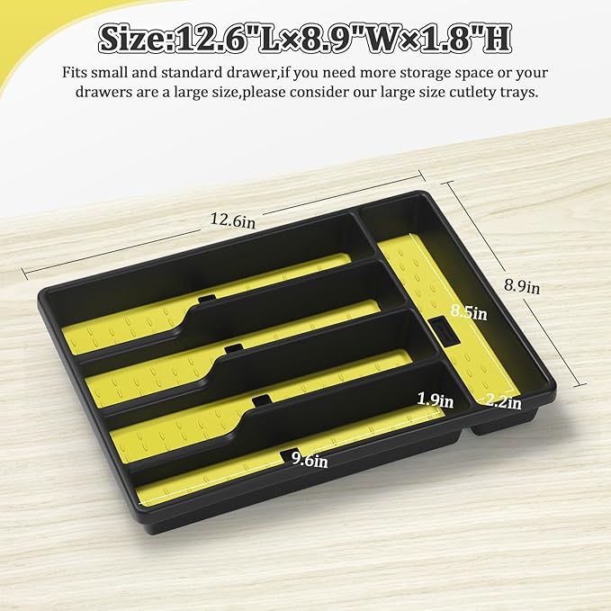 Silverware Organizer with Cutlery Icons，Silverware Tray for Kitchen Drawer，Plastic Flatware Tableware Cultery Drawer Organizer Utensil Organizer with Non-slip TPR Linings，5-Compartment，Yellow