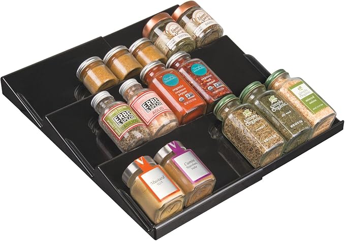 mDesign Expandable Plastic Deluxe Spice Rack, Drawer Organizer for Kitchen Cabinet Drawers, 3 Tier Slanted for Spice Jars, Food Seasoning Bottle Storage, Ligne Collection - Black