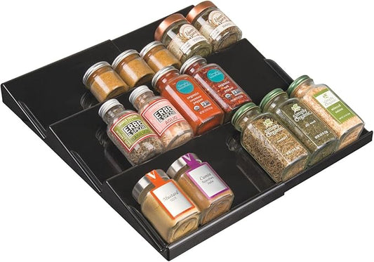 mDesign Expandable Plastic Deluxe Spice Rack, Drawer Organizer for Kitchen Cabinet Drawers, 3 Tier Slanted for Spice Jars, Food Seasoning Bottle Storage, Ligne Collection - Black