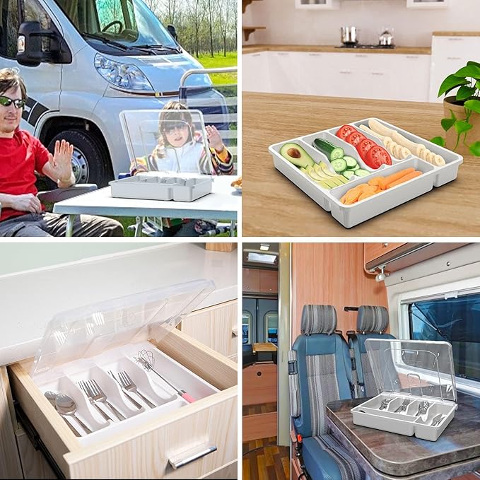 Silverware Organizer with Cover, Portable Cutlery Holder Flatware Tray with Lid Plastic Silverware Storage Box Airtight Black Cutlery Tray with Lid (White)