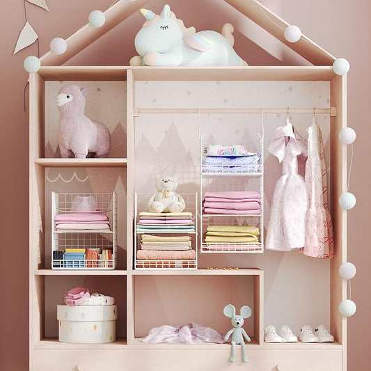 ﻿5 Tier Hanging Closet Organizer Separable Hanging Closet Shelves with 4 Hooks 2 Adjustable Dividers, Wire Storage Basket Bins for Clothing Sweaters Socks Dolls Handbags, Foldable