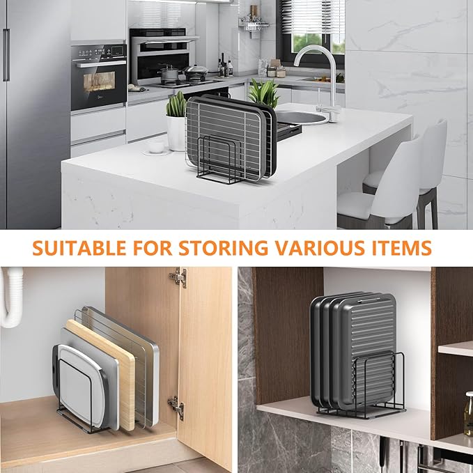 Kitchen Cabinet Organizer, Steel Cookware Holder, Divided Holder with 5 Slots for Skillets Baking Tray and Chopping Board Rack - Baking Pan Holder Storage (2 PCS)
