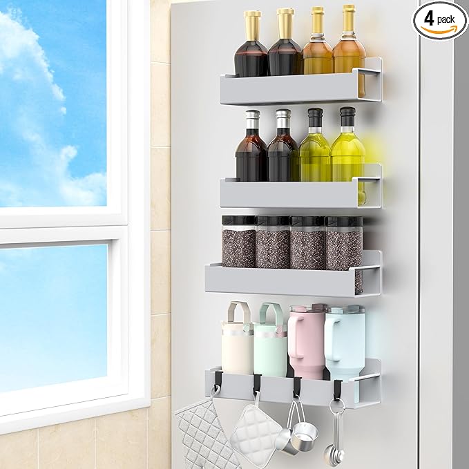 4 Pack Magnetic Spice Rack Organizer for Refrigerator and Oven, Silver Fridge Organizers and Storage for Kitchen