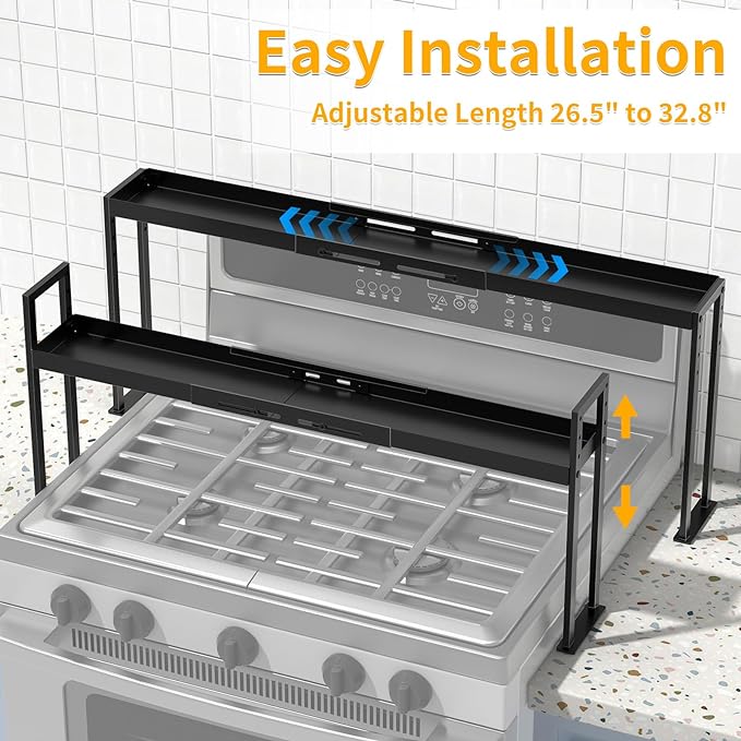 Spice Rack Shelf for Kitchen Stove, Adjustable 27 to 33 Inch Spice Rack Organizer, 4 Level Adjustable Height Stove Top Shelf for Kitchen, Over the Stove Shelf for Countertop, Black