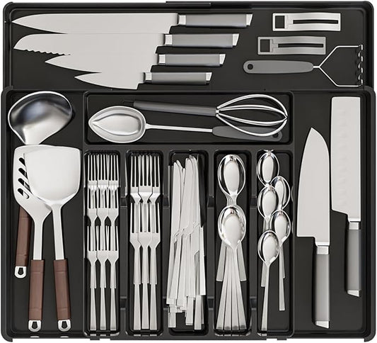 Expandable Silverware Organizers for Kitchen Drawers,Large BPA Free Cutlery Organizer in Drawer,Plastic Utensil Drawer Organizer Suitable as Flatware,Knife,Fork,Spoon,Silverware Holder and Tray,Black