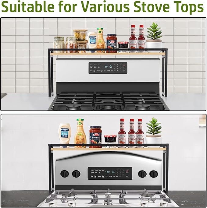 Stove Top Shelf - Over the Stove Shelf for Kitchen, 31.5" Countertop Spice Rack Organizer Shelf, Stove Shelf Kitchen Space Savers, Protective Lips and Metal Legs, Easy to Assemble