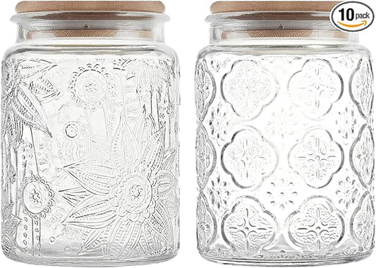 Glass Storage Jars With Airtight Lid, 23.7oz Canister For Kitchen Counter with Bamboo Lid, brown sugar, candy, coffee, cookie, salt, tea,pantry cute Jar (Begonia & Sunflower)
