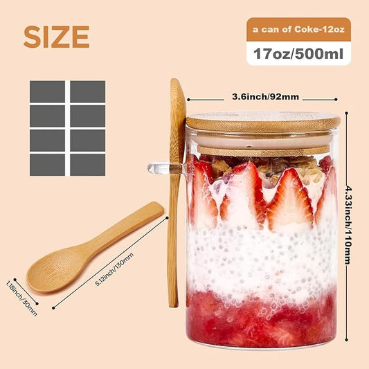 4-Pack 17oz Glass Jars for Overnight Oats, Chia Pudding & Meal Prep – Airtight Containers with Bamboo Lids & Spoon, Includes Labels