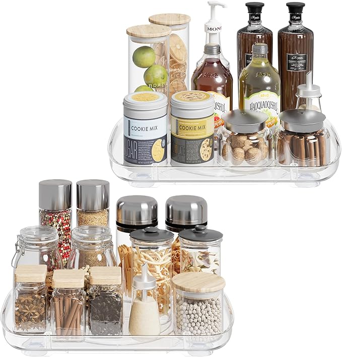 Clear Lazy Susan for Refrigerator Rectangular Fridge Turntable Organizers and Storage Pull Out & 360° Rotating for Cabinet Pantry Kitchen Table Bathroom (2-Pack 13.7"x10.2")