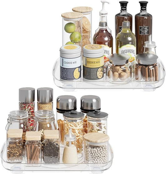 Clear Lazy Susan for Refrigerator Rectangular Fridge Turntable Organizers and Storage Pull Out & 360° Rotating for Cabinet Pantry Kitchen Table Bathroom (2-Pack 13.7"x10.2")
