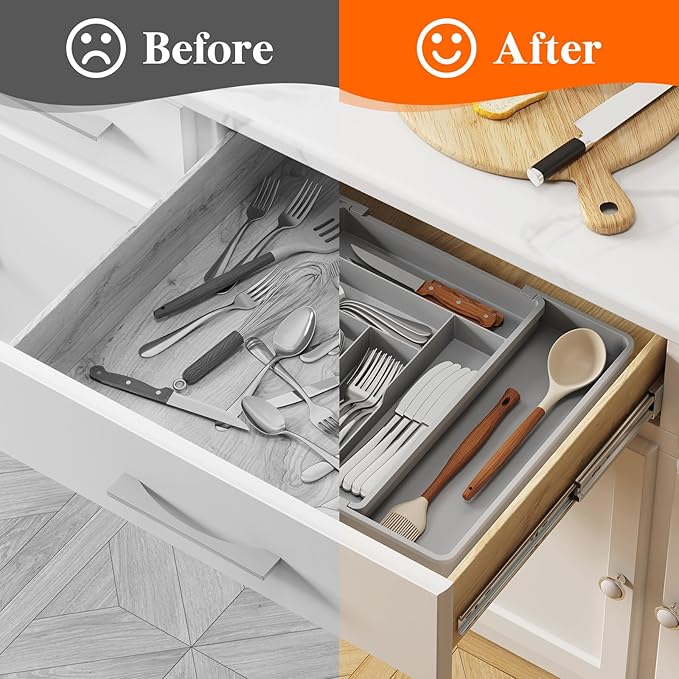 Lifewit Expandable Silverware Drawer Organizer, 22.4 x 16.7 x 2 inches, Adjustable Utensil Cutlery Tray for kitchen, Plastic Flatware Spoon Fork Knives Holder Storage Divider,1 Pack, Gray
