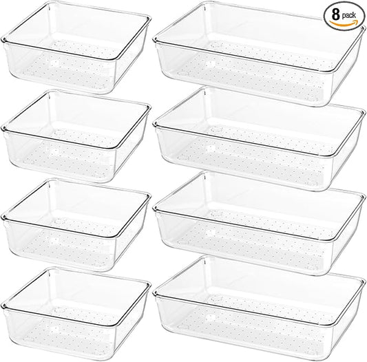 8 PCS Clear Plastic Drawer Organizer Tray, Acrylic Vanity Bathroom Drawer Organizers Trays, Desk Drawer Organizer Bins for Cosmetic, Makeup, Kitchen, Office, Junk Drawer Divider Organization