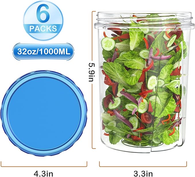 [32 oz 6 Pack] Food Storage Freezer Containers Clear bottom With blue Twist Top Lids Reusable, Plastic Airtight Meal Prep Containers BPA Free | Stackable | Leakproof | Microwave/Dishwasher Safe
