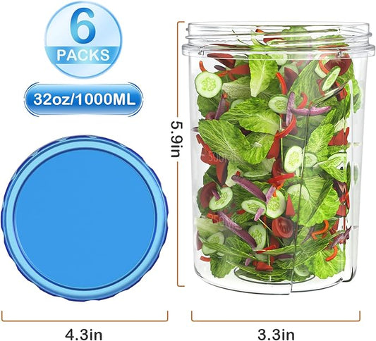 [32 oz 6 Pack] Food Storage Freezer Containers Clear bottom With blue Twist Top Lids Reusable, Plastic Airtight Meal Prep Containers BPA Free | Stackable | Leakproof | Microwave/Dishwasher Safe