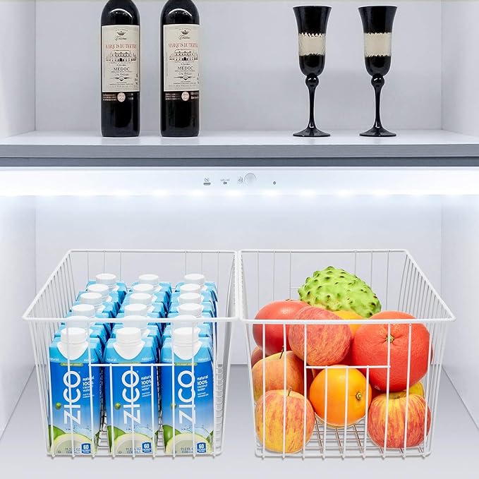 16inch Freezer Wire Storage Organizer Baskets, Household Refrigerator Bins with Built-in Handles