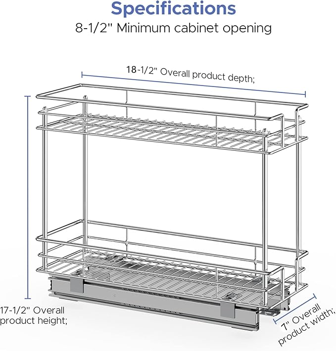 LOVMOR Pull Out Cabinet Organizer and Storage (7" W x 21" D) 2-Tier Pull Out Shelf Storage for Kitchen Base Cabinet Silver (7" W x 21" D, Silver, Roll on Top)