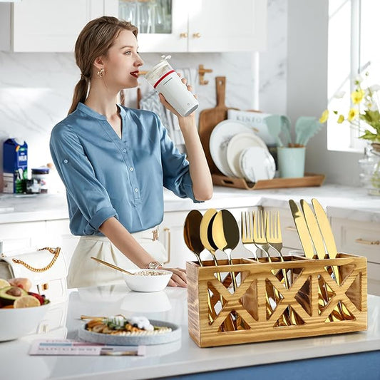 Wooden Cutlery Silverware Holder Flatware Caddy Wood Utensil Organizer for Kitchen Counter Decor Small Silverware Countertop Spoon and Fork Holder Table Utensil Caddy for Party Cutlery Basket