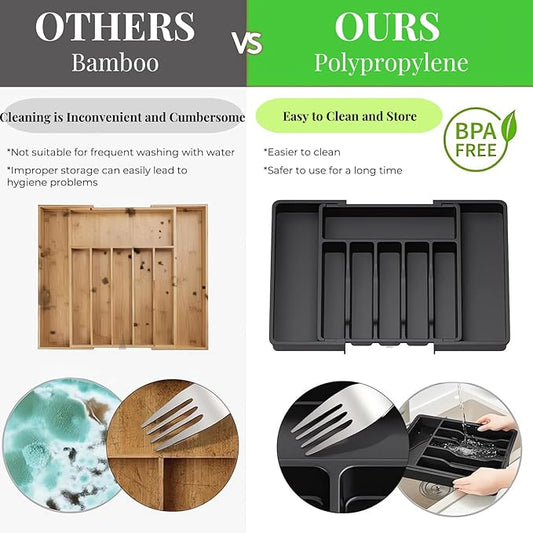 Flatware Organizers - Kitchen Drawer Organizer for Utensils and Silverware Expandable Silverware Holder and Cutlery Tray Black Kitchen Decor and Accessories Large Storage Capacity
