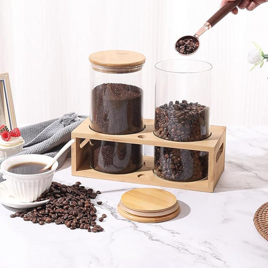 ZOMUIA Glass Coffee Containers Airtight Coffee Bean Storage Jars with Shelf, 2Pcs 44oz Coffee Station Organizer Coffee Canisters, Kitchen Food Storage Jars for Coffee, Sugar, Candy, Oats, Nuts