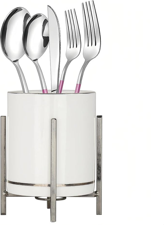 Farmhouse Flatware Holder for Dinner Table, Kitchen Holder for Serving Utensils, Decorative Cutlery Utensil Holder for Kitchen or Parties, Cup with Silver Trim, 1 Pcs
