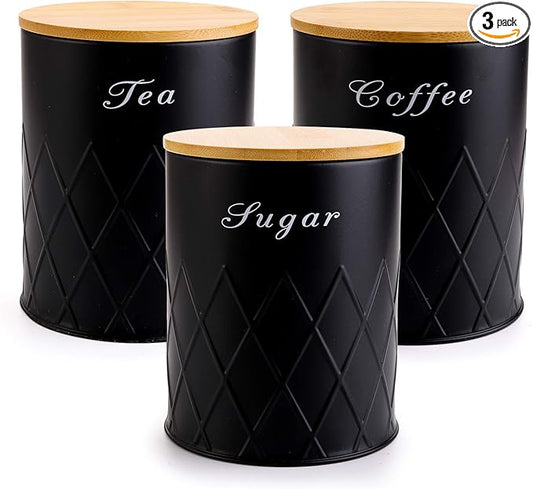 Fasmov 3 Pack Kitchen Canister Set, Coffee, Sugar, and Tea Storage Container Jars with Bamboo Lids for storing Sugar, Coffee and Tea, Black