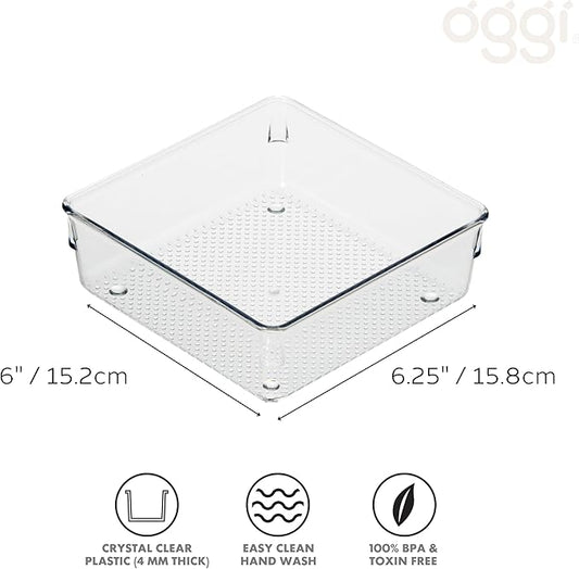 Oggi Clear Drawer Organizer - 6" X 6"- Ideal for Organizing Kitchen Drawers, Office, Desk, Silverware, Kitchen Utensils, Cosmetics and Bathrooms (Pack of 2)