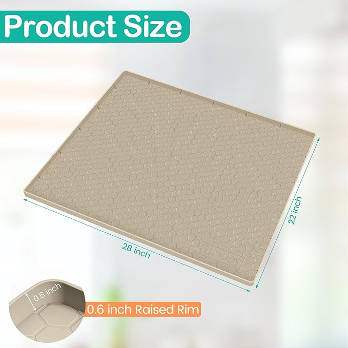 Waterproof Under Sink Mat 28" x 22", Silicone Cabinet Liner, Rubber Protector for Kitchen and Bathroom, Keeps Cabinets Clean, Dry, and Organized (Khaki)