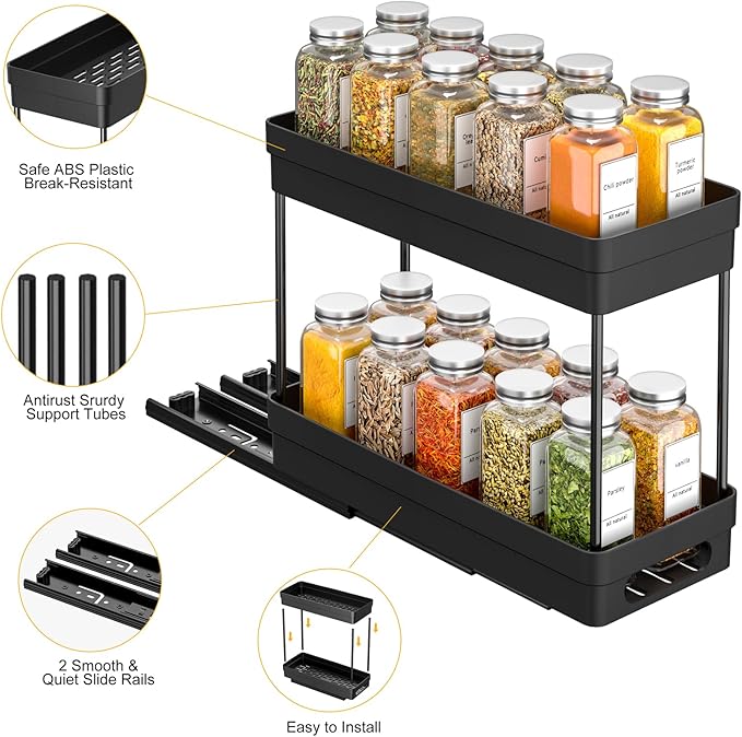 Pull Out Spice Rack Organizer for Cabinet, 2-Tier Slide Out Spice Racks Organizer,Easy Installation Cabinet Organizer Seasoning Kitchen Organizer,4.4''Wx10.5''Dx8.26''H,2Pack