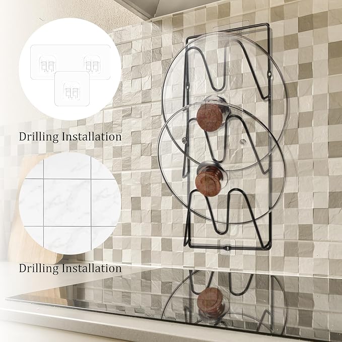 2 Pack Pot Lid Organizer, 6-Tier Pots & Pans Lid Holder Organizer for Cabinet or Wall/Door Kitchen Storage, No-Drill Adhesive Mount, Space-Saving Solution