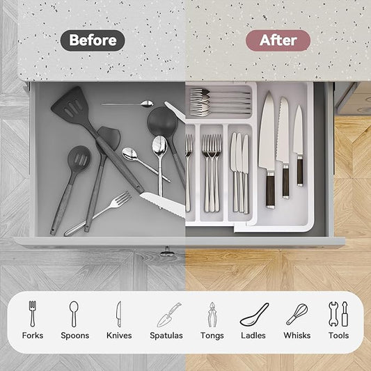 2 Pack Silverware Organizer, Expandable and Adjustable Kitchen Utensil Drawer Organizer, Plastic Cutlery Holder with Multiple Compartments,Cutlery Holder,for Spoons Forks Knives,White,UAFD012W