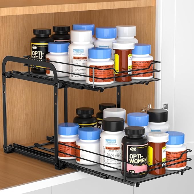 RCHYFEED Spice Rack, 2 Tier Pull out Cabinet Spice Organizer, Height Adjustable Slides out Ultra-smooth Racks for Spice Organization, Seasoning Organizer for Inside Cabinets(7.5" Wx10.5 Dx9.5 H)