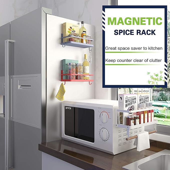 Magnetic Spice Rack Organizer Refrigerator Spice Storage Shelf（Red 2 pack with hook）