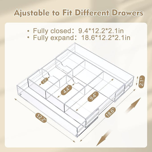 1 Pc Acrylic Desk Drawer Organizer Maximum Expandable Drawer Organizer Trays with 8 Adjustable Compartments Desk Accessories for Makeup Silverware Office Bathroom (Clear,Classic)