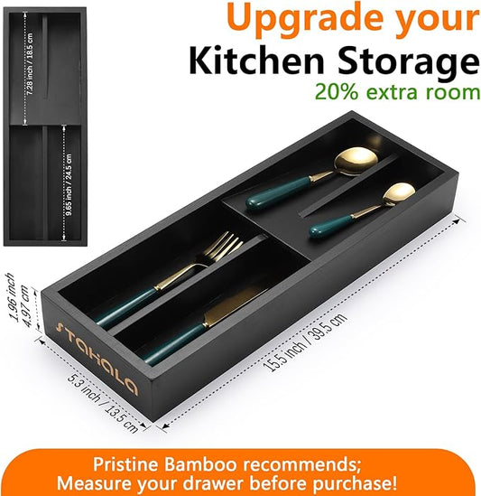 Bamboo Silverware Drawer Organizer with Labels,Kitchen Small Narrow Utensil Drawer Organizer,Kitchen Utensil Tray Holder Organizer for Flatware,Cutlery,Spoon,Knives Drawer Organization (Black, Small)