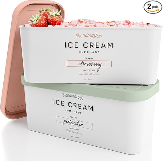 ZICOTO Set of 2 Reusable Ice Cream Tub Containers 2 Quart Each - Perfect for Homemade Sorbet, Frozen Yogurt Or Gelato - Stackable Storage Containers, Stickers And Lids Stores Easily In Freezer